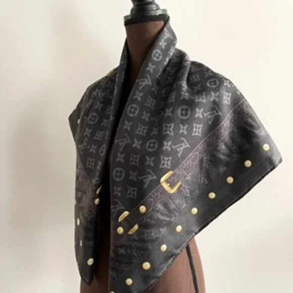 Louis Vuitton Scarf Monogram Denim Blask Gray Square Silk Wrap - Picture 5 of 16